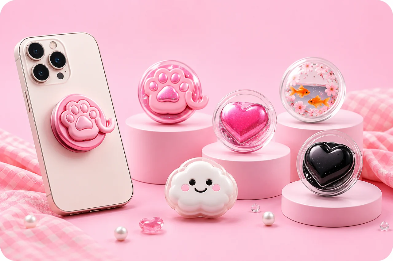 Pastel kawaii MagSafe phone grips: cat, bear, daisy, strawberry, cloud